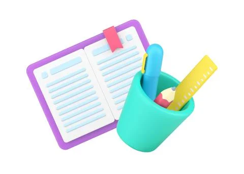 Open paper notepad bookmark and stationery in plastic glass 3d isometric ic.. Stock Illustration