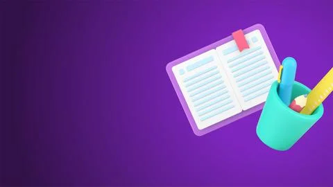 Open paper notepad with bookmark and stationery in plastic glass 3d isometric Stock Illustration