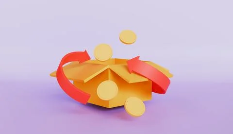 Open parcel box icon with arrows circling the box and coins floating around Stock Illustration