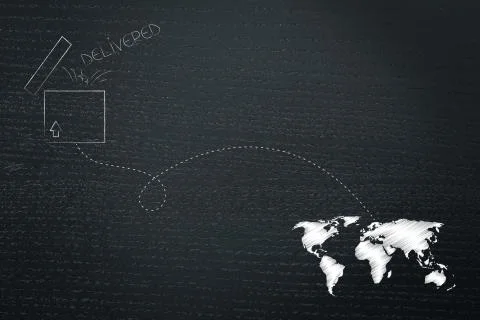 Open parcel with dashed line route to destination on world map Stock Illustration