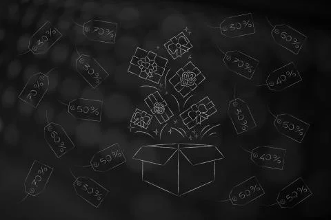 Open parcel with presents flying out and price tags with rebates all around Stock Illustration