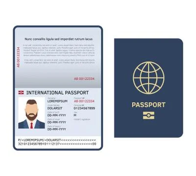 Open passport. Id document male photo page legal sample international passport Stock Illustration