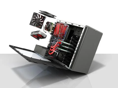 Open PC case with internal parts motherboard cooler video card power supply H Stock Illustration