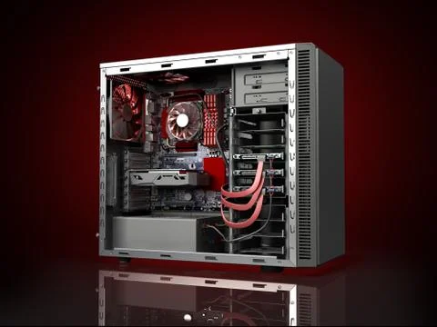 Open PC case with internal parts motherboard cooler video card power supply H Stock Illustration
