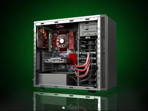 Open PC case with internal parts motherboard cooler video card power supply H Stock Illustration