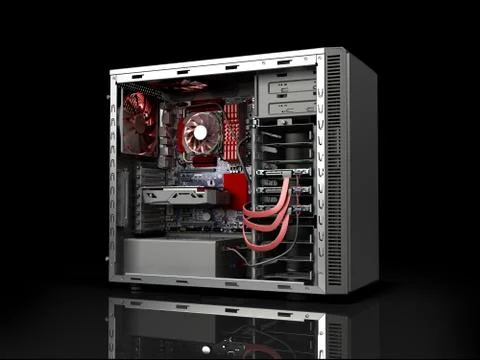 Open PC case with internal parts motherboard cooler video card power supply H Stock Illustration