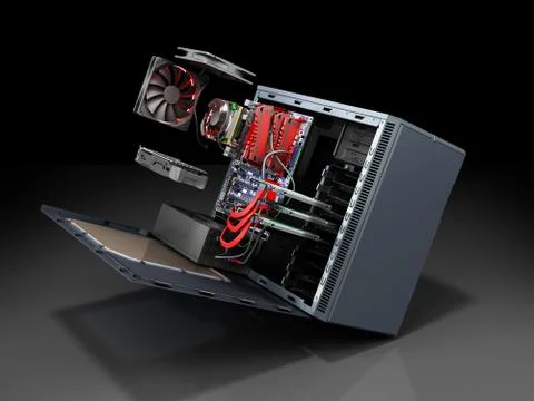 Open PC case with internal parts motherboard cooler video card power supply H Stock Illustration