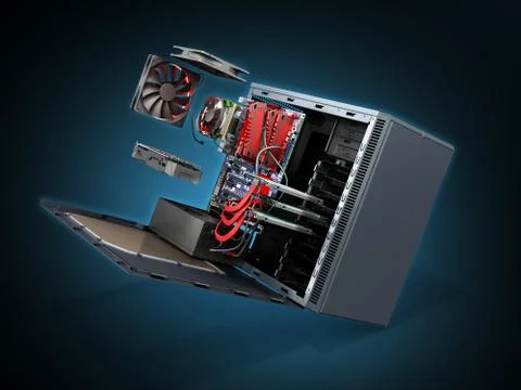 Open PC case with internal parts motherboard cooler video card power supply H Stock Illustration