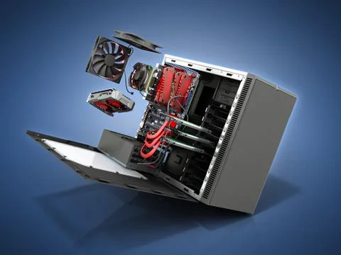 Open PC case with internal parts motherboard cooler video card power supply H Stock Illustration
