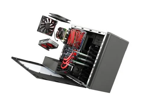 Open PC case with internal parts motherboard cooler video card power supply H Stock Illustration