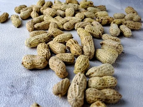 Open peanuts shot macro in studio, white wall texture background Stock Photos