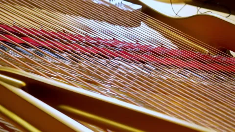 Open piano inside view of the strings Stock Footage 235581456