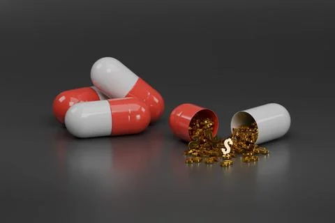 Open pill with dollar symbols inside. Horizontal composition. 3D illustration Stock-Illustration