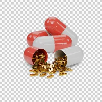 Open pill with dollar symbols inside isolated on white background. 3D illus.. Stock-Illustration