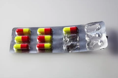Open pill packaging used Foto stock