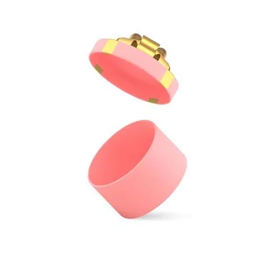Open pink circle gift box with luxury golden bow ribbon and flying lid 3d ico Stock Illustration
