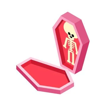 Open pink coffin with a sitting skeleton. Kawaii vector illustration of a s.. Stock Illustration