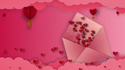Open pink envelope with red hearts spilling out, surrounded Stock Footage 307802195