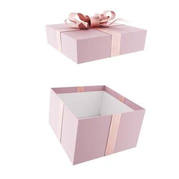 Open pink gift box with pink bow and ribbons. 3d render. Illustrazione stock