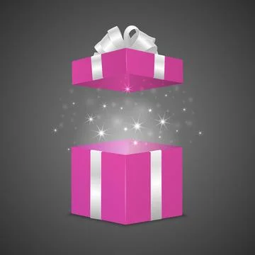Open Pink Gift Box with Silver Ribbon Bow and Magic Sparkles Vector 3d Realistic Stock Illustration