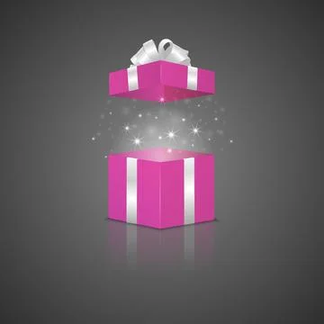 Open Pink Gift Box with Silver Ribbon Bow, Magic Sparkles and Reflection. Vector Stock Illustration
