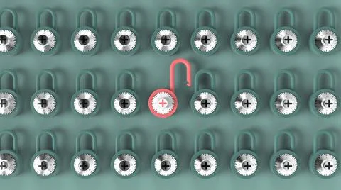 Open pink padlock in crowd of closed blue padlock 3d rendering image 스톡 일러스트