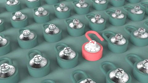 Open pink padlock in crowd of closed blue padlock 3d rendering image Stock Illustration