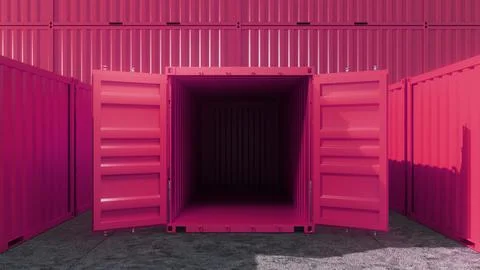 Open pink shipping container in a storage yard with other containers behind i Illustrazione stock