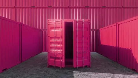 Open pink shipping container surrounded by closed containers in storage yard Ilustração Stock