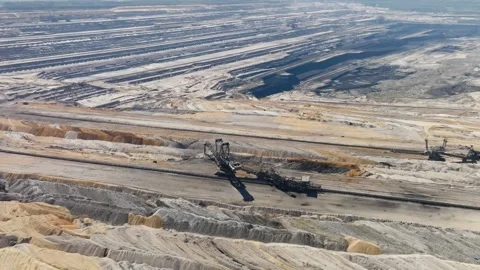 Open pit lignite coal mine machinery, aerial orbit Stock Footage 334516249