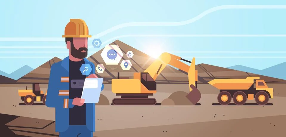 Open pit man worker in helmet using mobile app excavator loading soil on dump Illustrazione stock