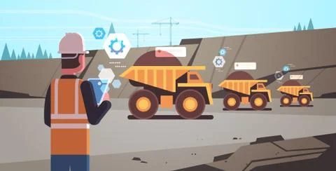 Open pit man worker in helmet using mobile app controlling dumper trucks 스톡 일러스트