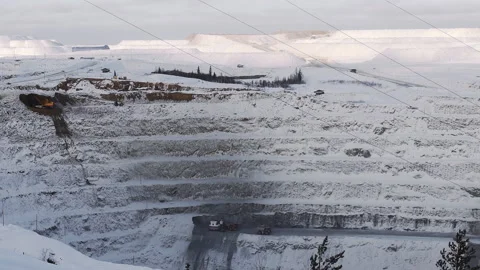 Open pit mine coal mining, dumpers, quarrying extractive industry stripping work Stock Footage 196609338