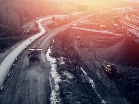 Open pit mine, extractive industry for coal, top view aerial drone Stock Photos
