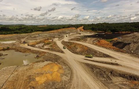 Open pit mine industry, mining traffic for coal, top view aerial drone. Stock Photos