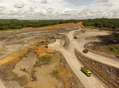 Open pit mine industry, mining traffic for coal, top view aerial drone. Stock Photos