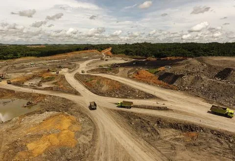 Open pit mine industry, mining traffic for coal, top view aerial drone. Stock Photos