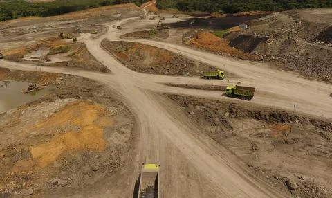 Open pit mine industry, mining traffic for coal, top view aerial drone. Stock Photos