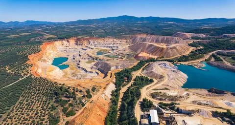 Open-pit mining concept. Drone aerial view of an open-pit mine in Greece. Human Stock Photos