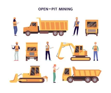 Open pit mining set of construction equipment flat vector illustration isolated. Illustrazione stock