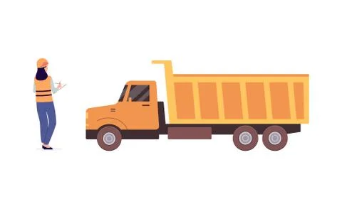 Open pit worker using app for loading truck, flat vector illustration isolated. Illustrazione stock
