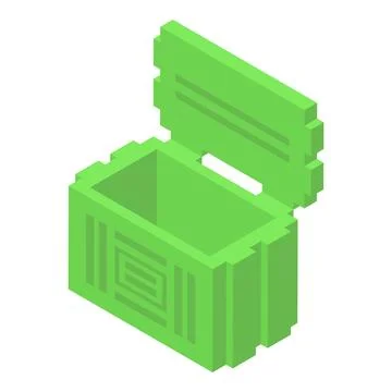 Open pixel art green chest revealing empty interior, isometric view Stock Illustration