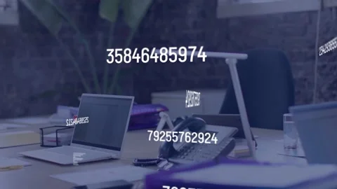 Open-plan desk animating with floating numeric strings triggered by laptop to Video stock 335236000