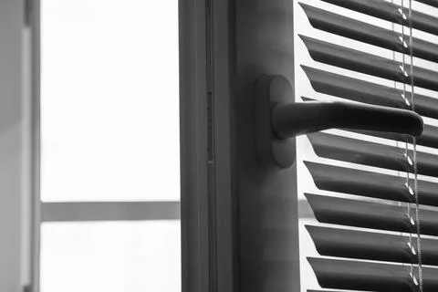 Open plastic window with blinds Stock Photos