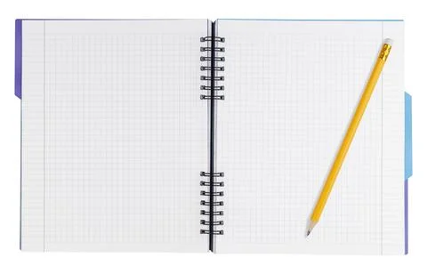 Open portrait spiral notebook with blank checkered graph paper pages and ye.. Stock Photos