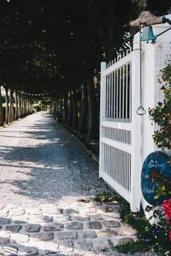 Open property gate on tree-lined driveway Stock Photos