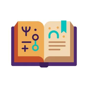 Open Psychology Book Vector Icon with Scientific Symbols and Bookmark Illus.. Ilustração Stock