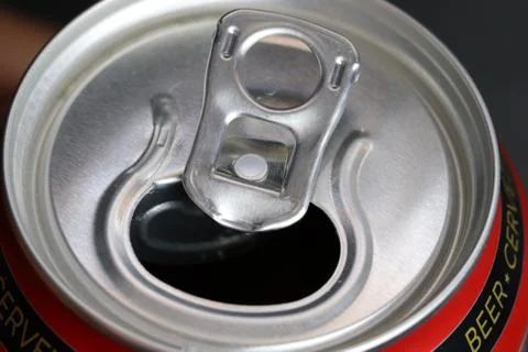 Open Pull-tab can from above beer 33cl drink macro Stock Photos
