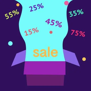 Open purple gift box and confetti. Sale Background. Vector Illustration Stock-Illustration
