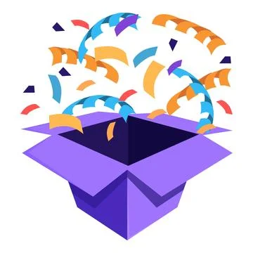 Open purple gift box exploding with colorful confetti Stock Illustration